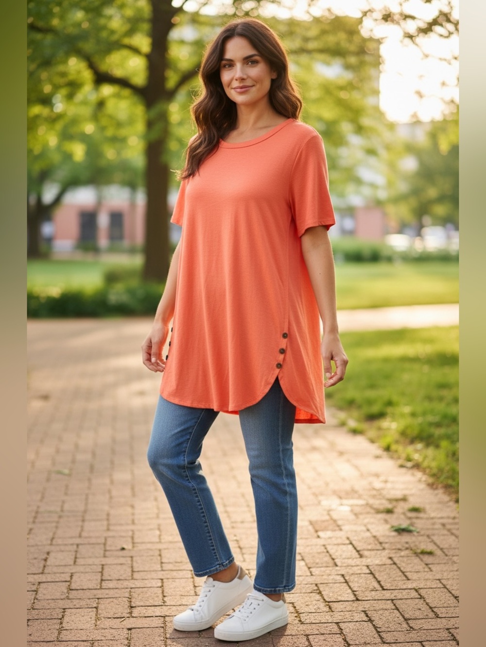 Zenana Outfitters Coral Orange Short Sleeve Tunic with Side Button Accents